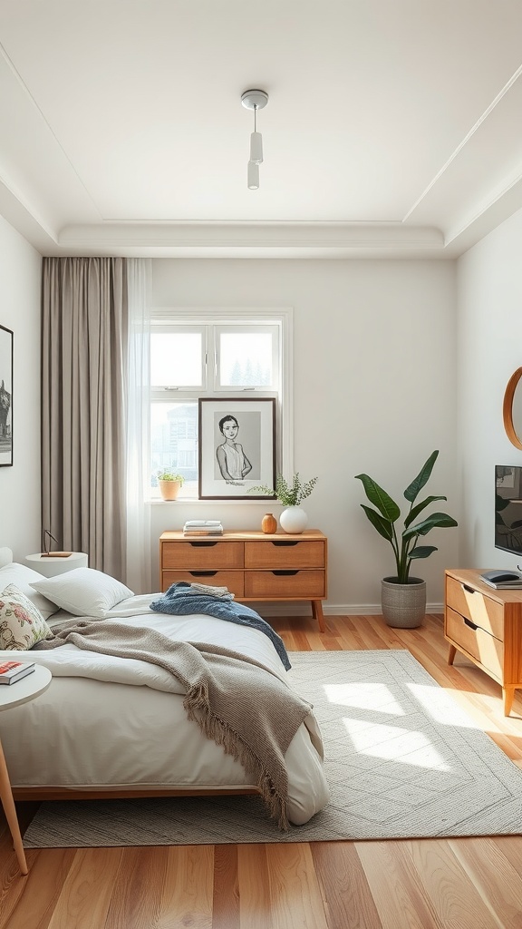 Neutral bedroom decor featuring soft colors, wooden furniture, and plants