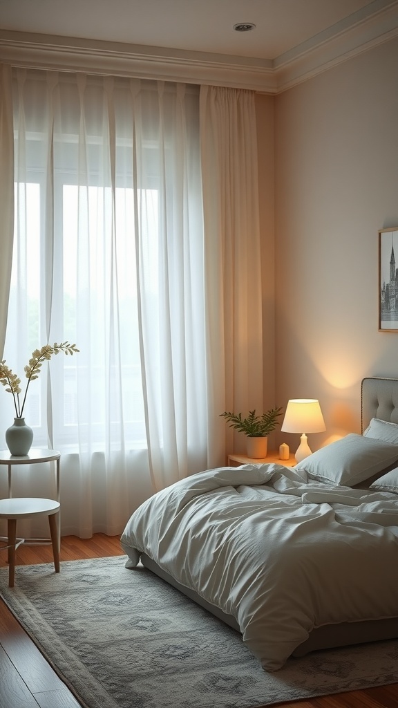 A serene bedroom with soft light curtains, a neatly made bed, and a small plant on a side table.