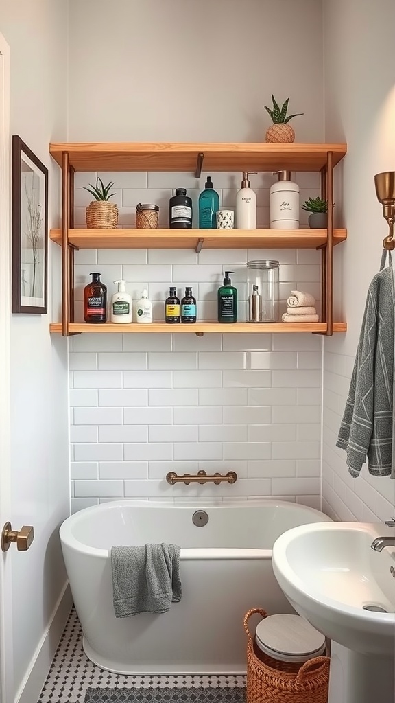Creative storage solutions above a tub with shelves displaying toiletries and plants.