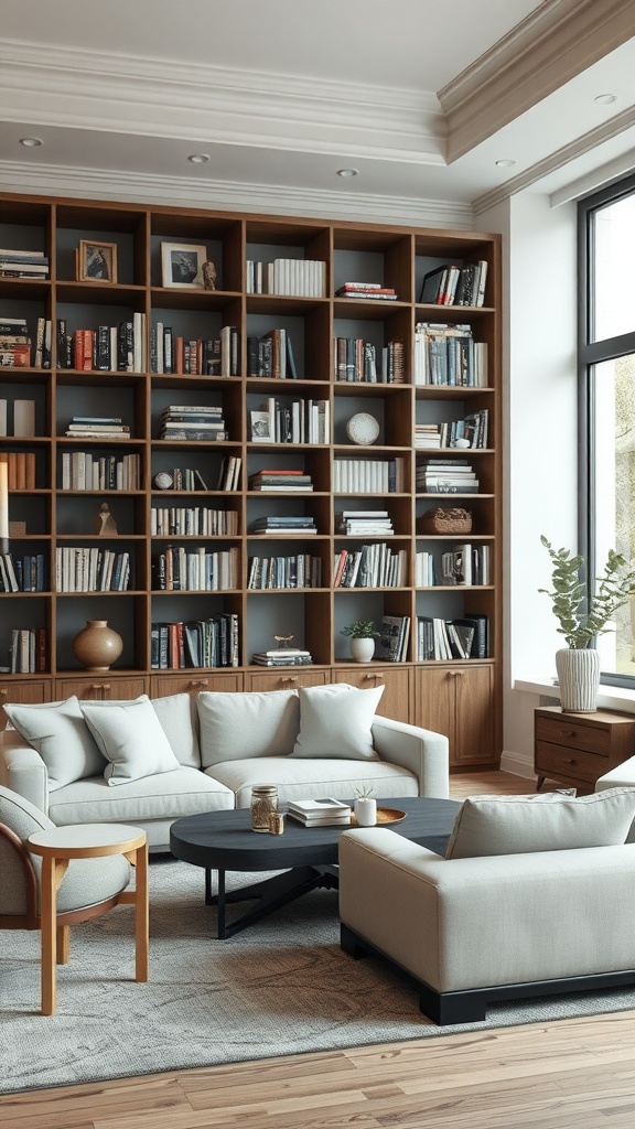 A stylish living room featuring a large bookshelf acting as a partition, with a cozy seating area.