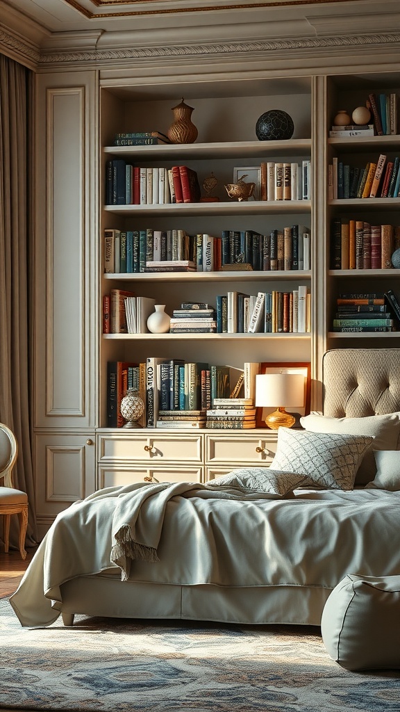 Curated bookshelves in a luxury master bedroom, showcasing books and decorative items.