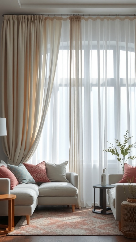 A cozy living room with light curtains separating the space.