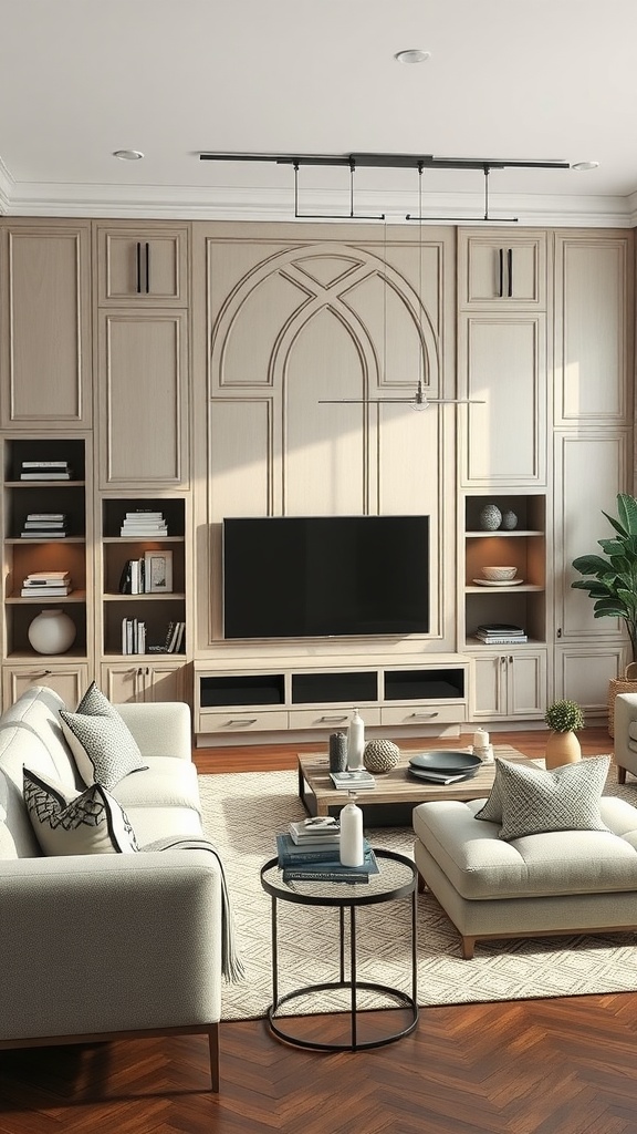 Modern living room with a custom built-in unit partition featuring wood finish and decorative shelves.