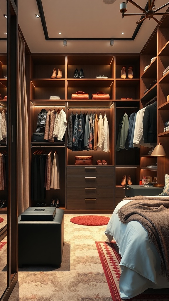 Luxurious custom closet with organized clothing and accessories.
