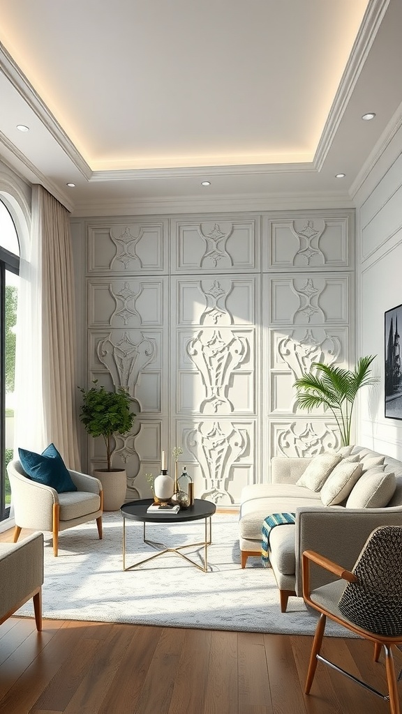 A beautifully decorated living room with elegant furniture and a stylish partition wall design.