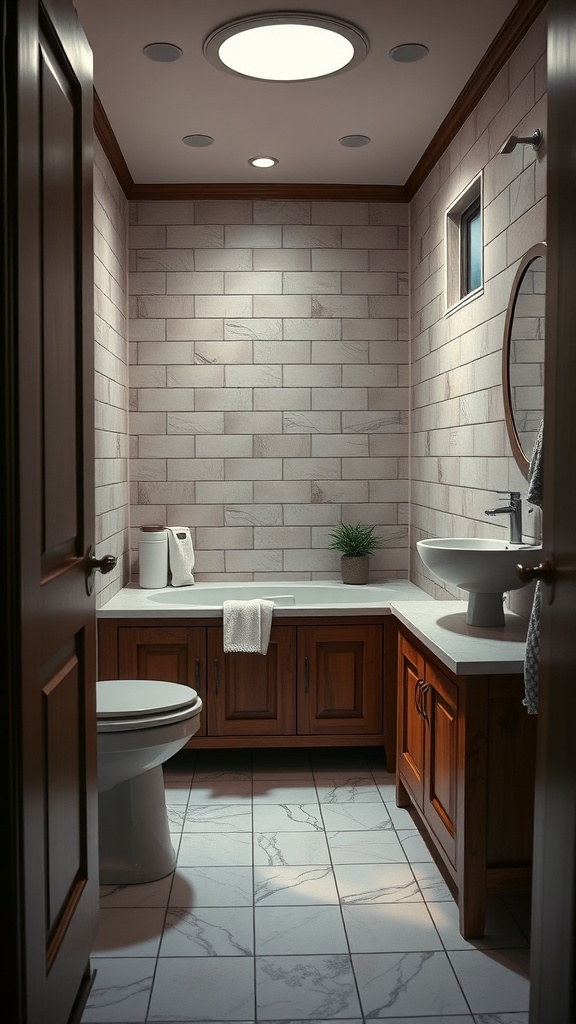 A compact bathroom featuring a tub, storage cabinetry, and a modern design.