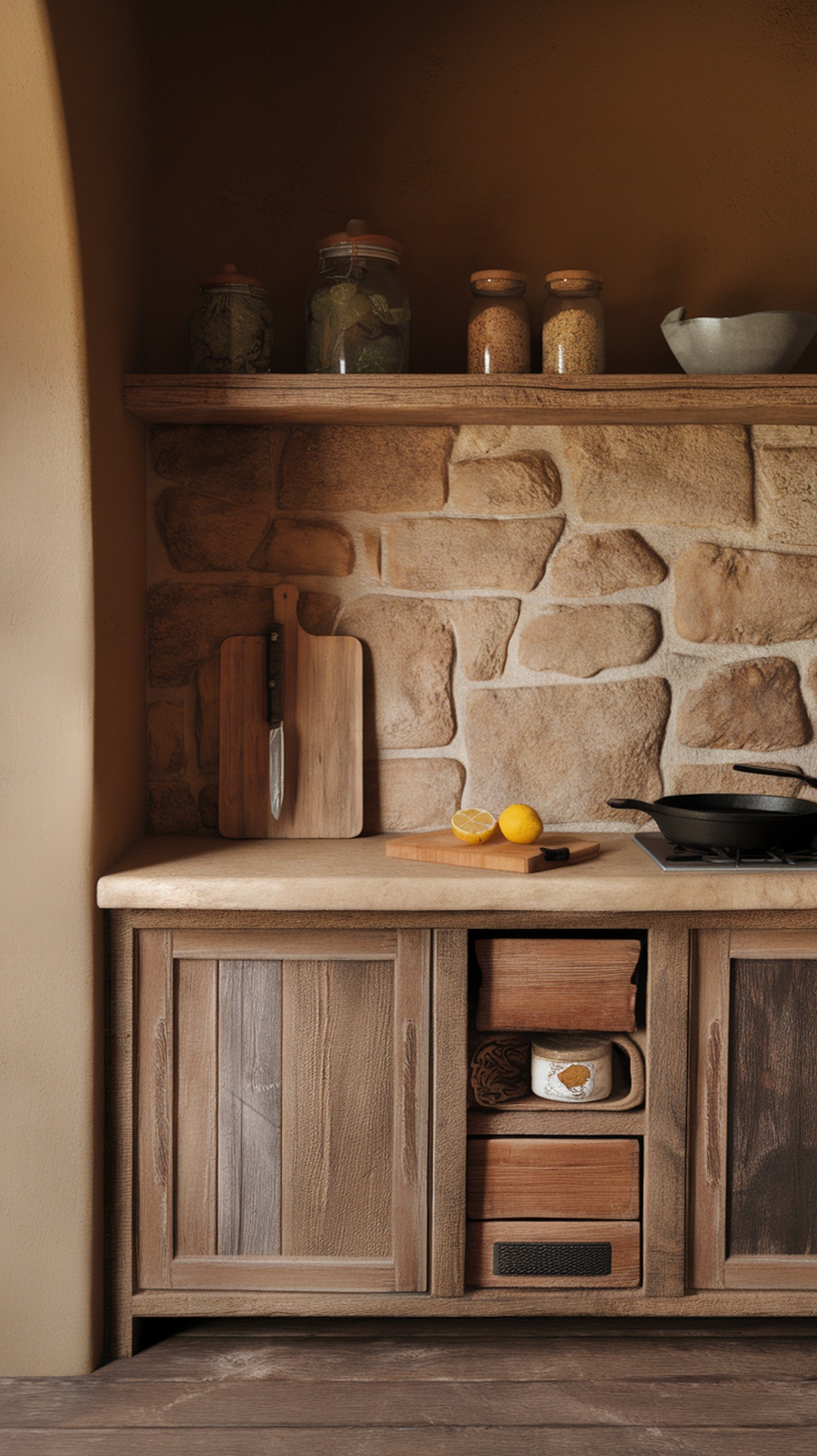 Earthy natural stone kitchen backsplash with wooden cabinetry and fresh ingredients