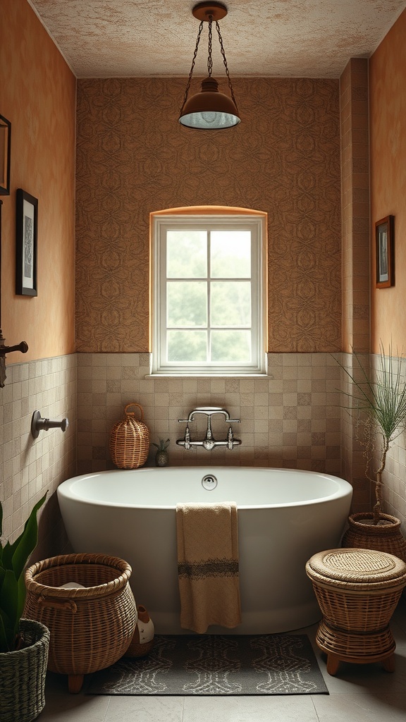 Cozy small bathroom with an elegant tub, earthy tones, and natural decor.