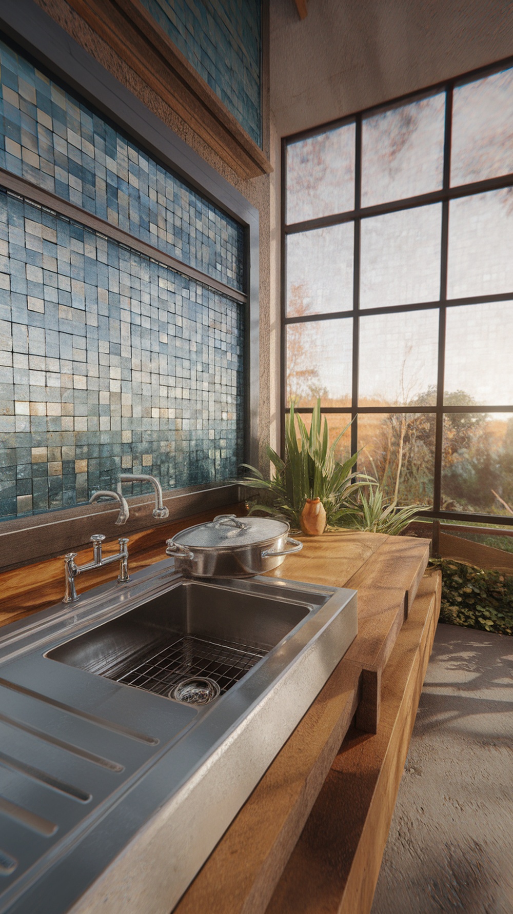 A kitchen with a recycled glass backsplash in blue and green hues, featuring a stainless steel sink and wooden countertops.