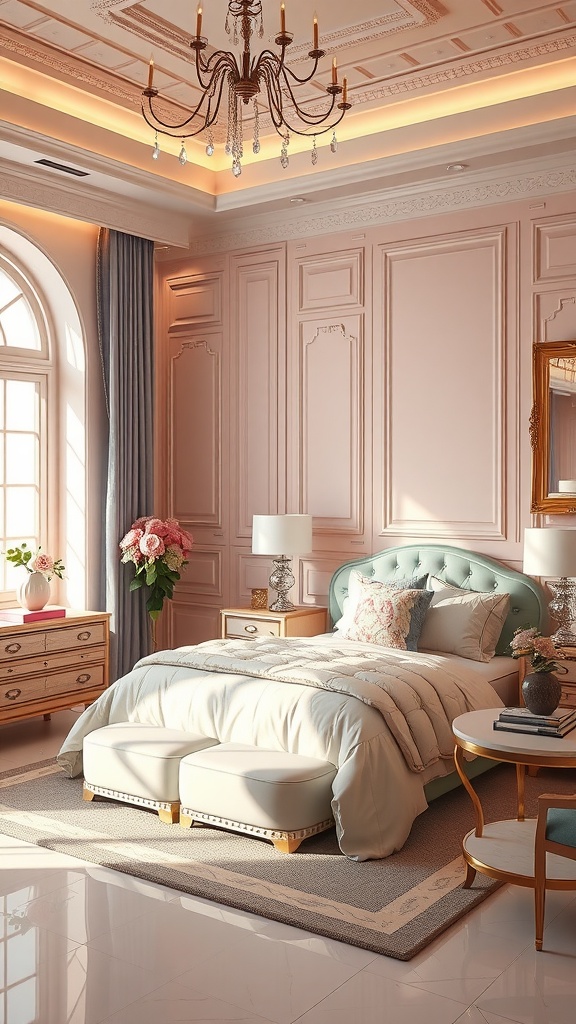 A luxury master bedroom featuring soft pink walls, a plush bed with light bedding, and elegant decor elements.