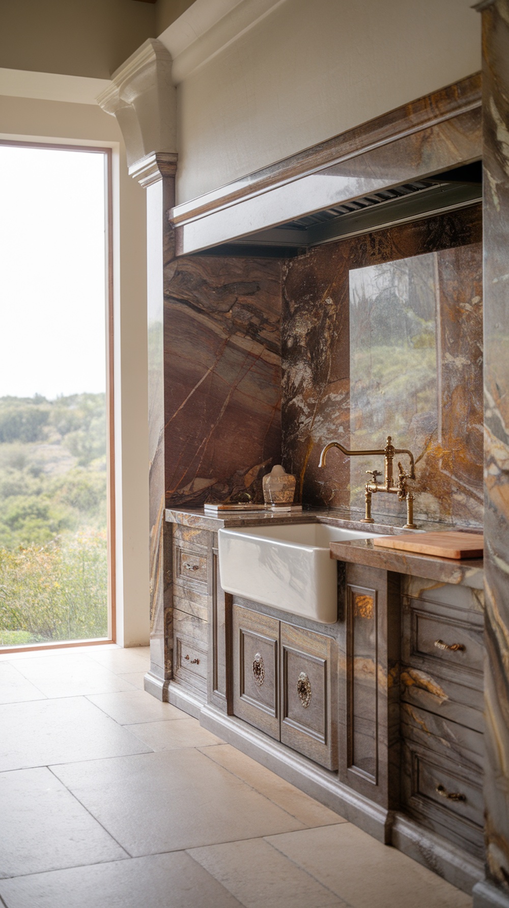 Elegant kitchen with marble backsplash and farmhouse sink