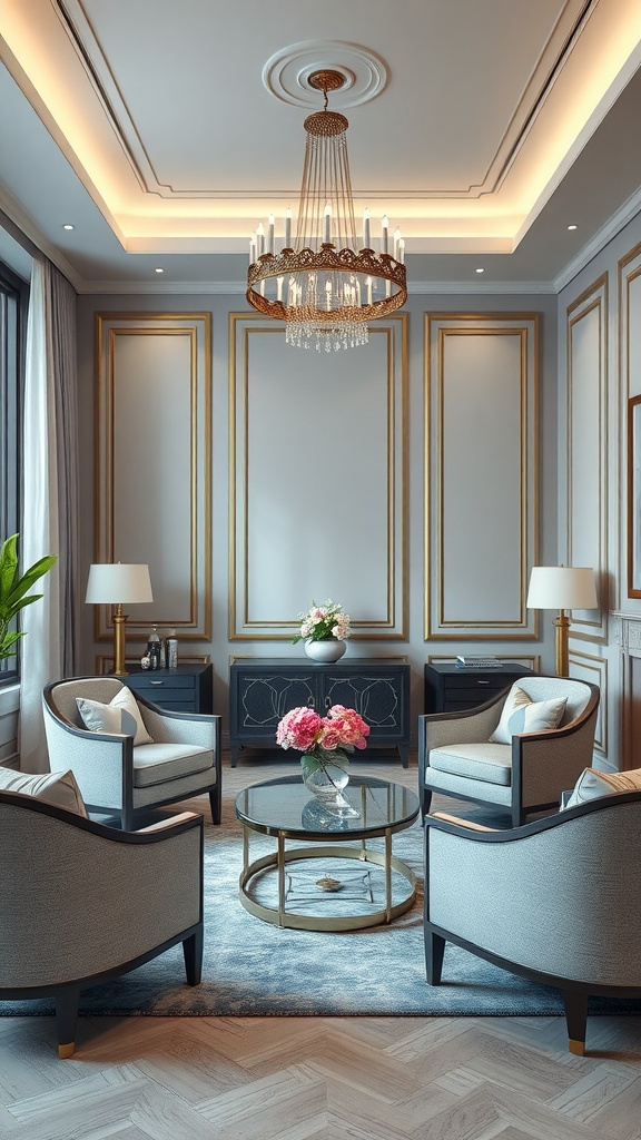 Elegant seating area in a luxury bedroom master with plush chairs and a glass table.