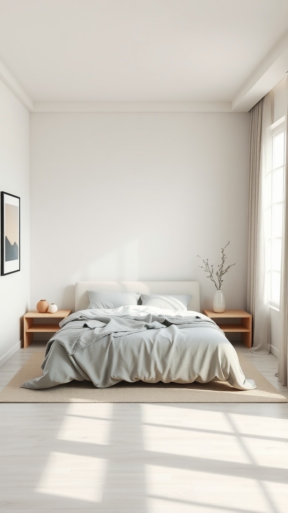 Neutral bedroom decor featuring light colors and minimalistic furniture.