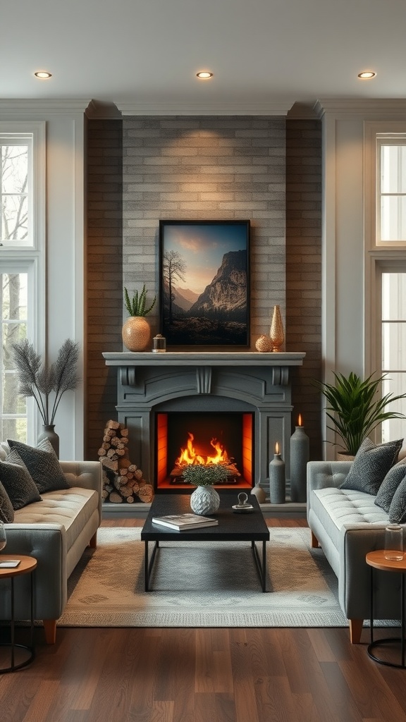 A modern living room featuring a stylish fireplace with a cozy seating area.