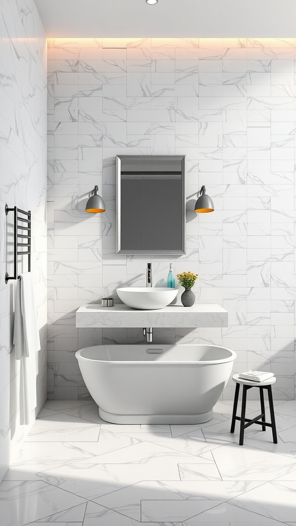 Modern small bathroom featuring a floating vanity and a freestanding tub
