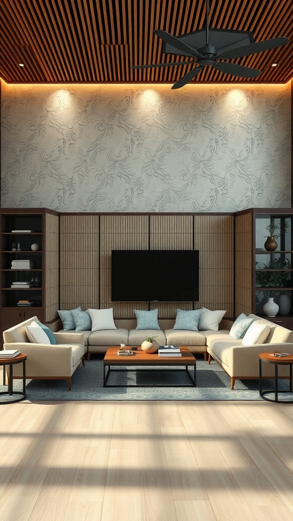 A cozy living room featuring a stylish folding screen partition.