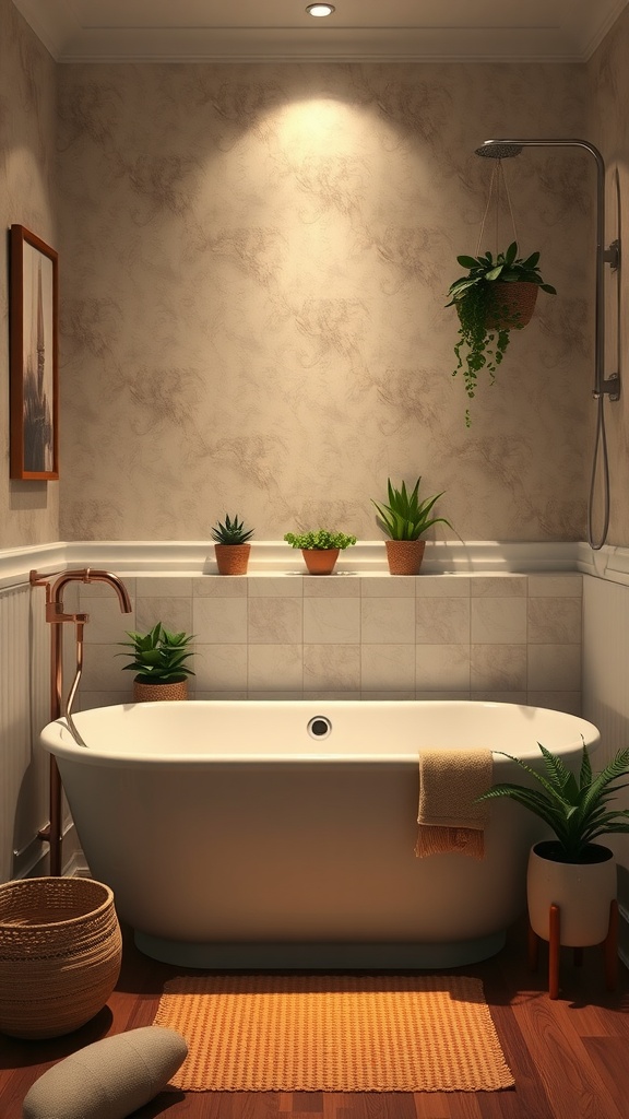 A cozy bathroom featuring a freestanding tub, wooden flooring, potted plants, and warm lighting.