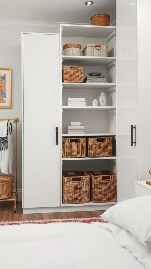 Neatly organized wardrobe with white finish, featuring open shelves and woven baskets for storage in a modern neutral bedroom.
