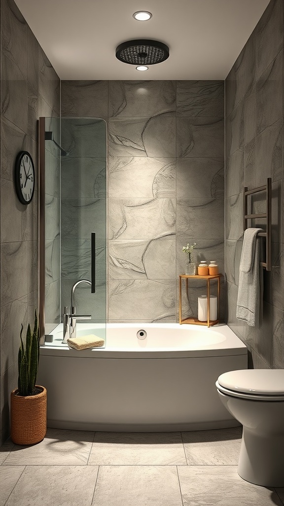 A stylish small bathroom featuring a glass shower enclosure and a curved bathtub, enhancing the open feel of the space.