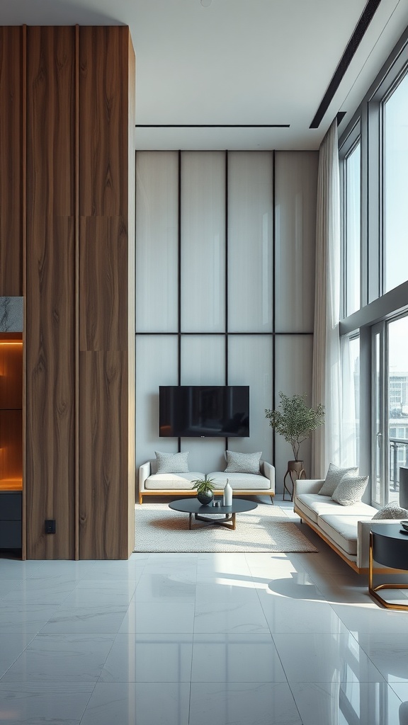Modern living room with glass panel partition and wooden accents.