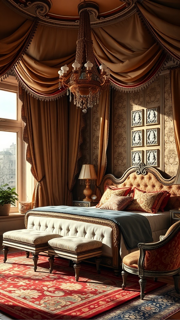 Elegant master bedroom featuring rich textiles and luxurious drapery.