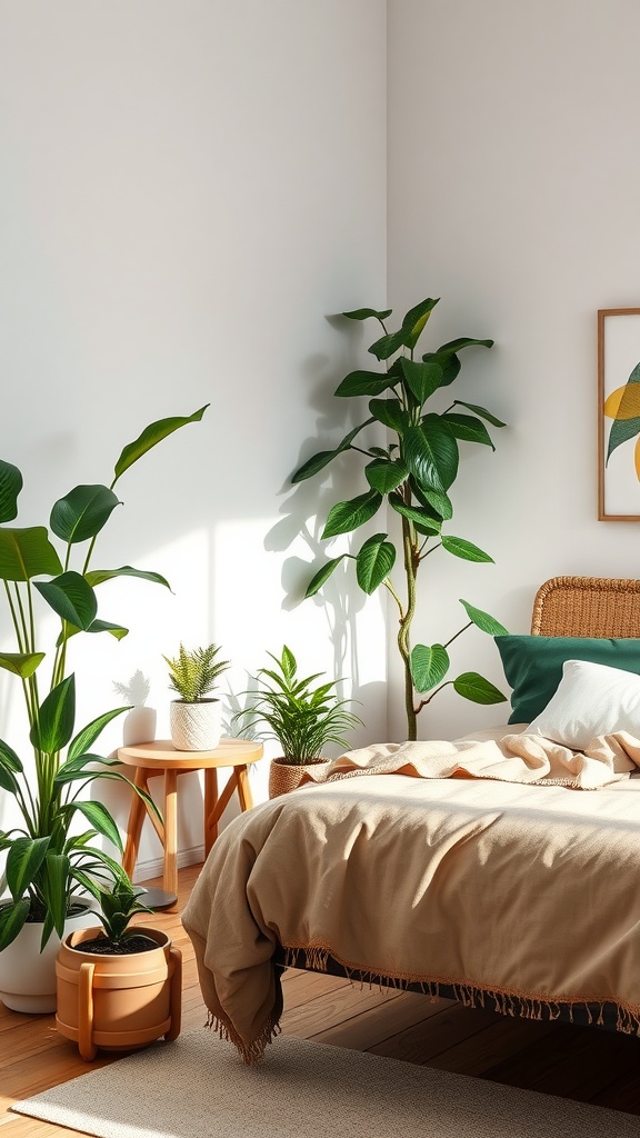 A neutral bedroom with several indoor plants, creating a fresh and inviting atmosphere.