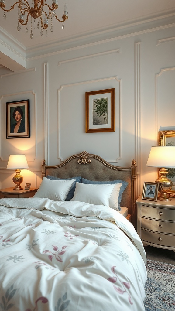 A neutral bedroom with a stylish chandelier, decorative lamps, and elegant bedding