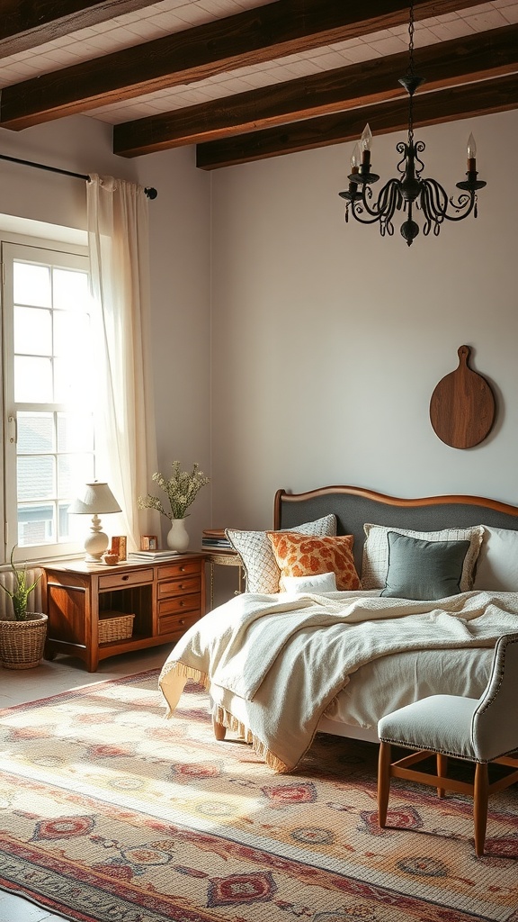 Cozy neutral bedroom featuring vintage decor elements and soft earthy tones.