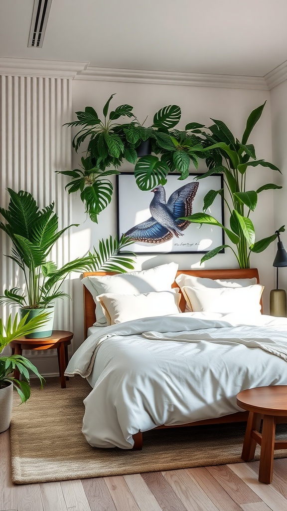 A modern luxury bedroom with indoor plants, featuring a bed with white linens and green foliage.