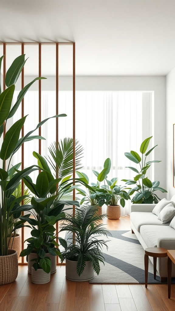 Living room with indoor plants acting as a partition.