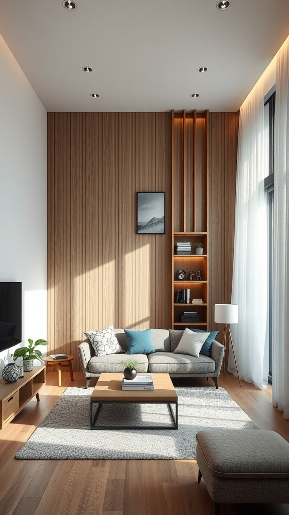 Modern living room with a wooden partition, showcasing a cozy seating area and shelves.