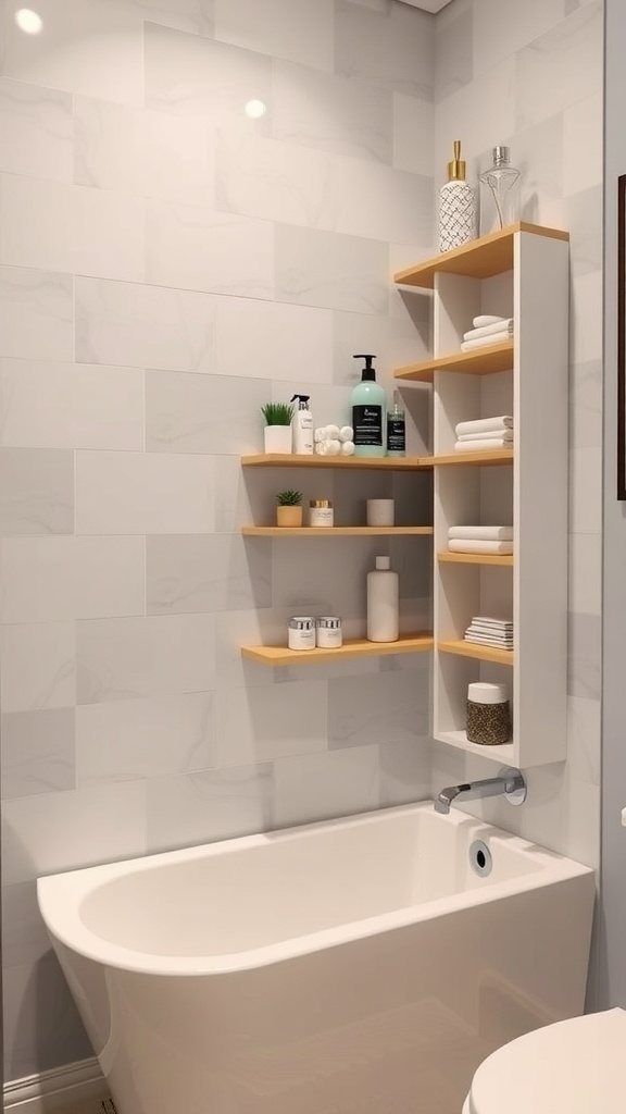 Small bathroom with integrated shelving above a bathtub, utilizing space effectively