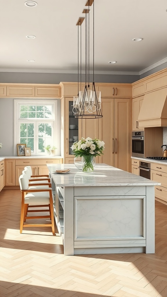 A modern kitchen featuring a stylish kitchen island dining table with light wood cabinetry and elegant lighting.