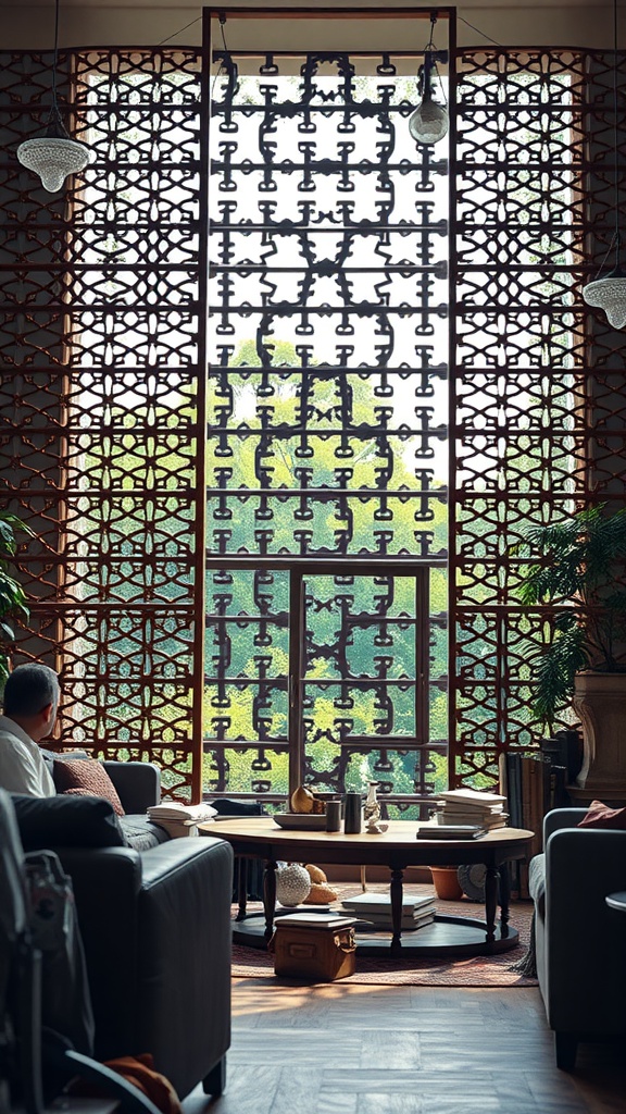 A living room featuring a decorative lattice partition with greenery visible through it, creating a sense of openness.