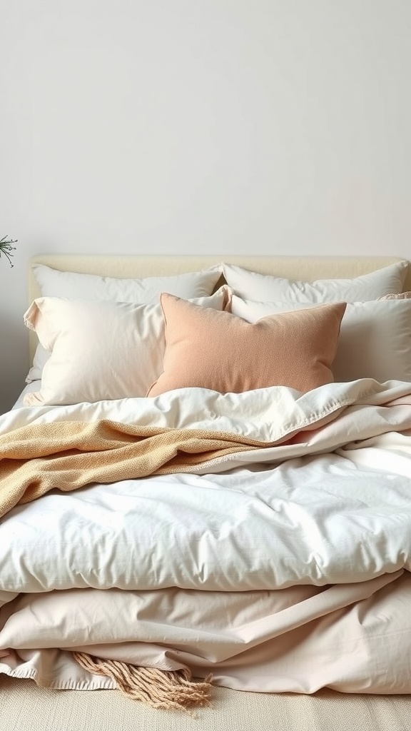 Layered bedding featuring soft pillows and blankets in neutral and earthy tones.