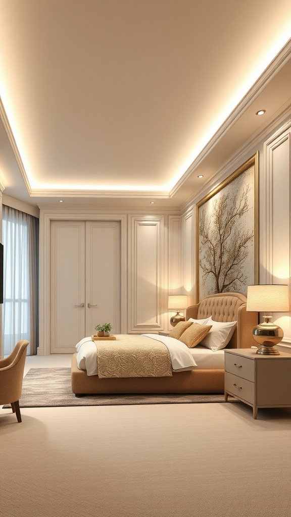 A luxury master bedroom showcasing layered lighting techniques, featuring bedside lamps and subtle ceiling lights.