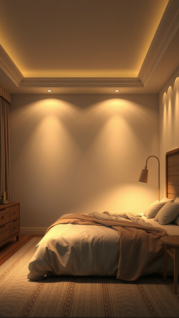 A cozy and warm neutral bedroom with layered lighting, showcasing a modern design.