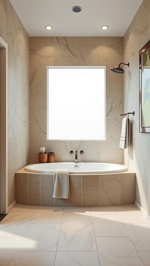A small bathroom featuring a stylish tub, textured walls, and natural lighting.