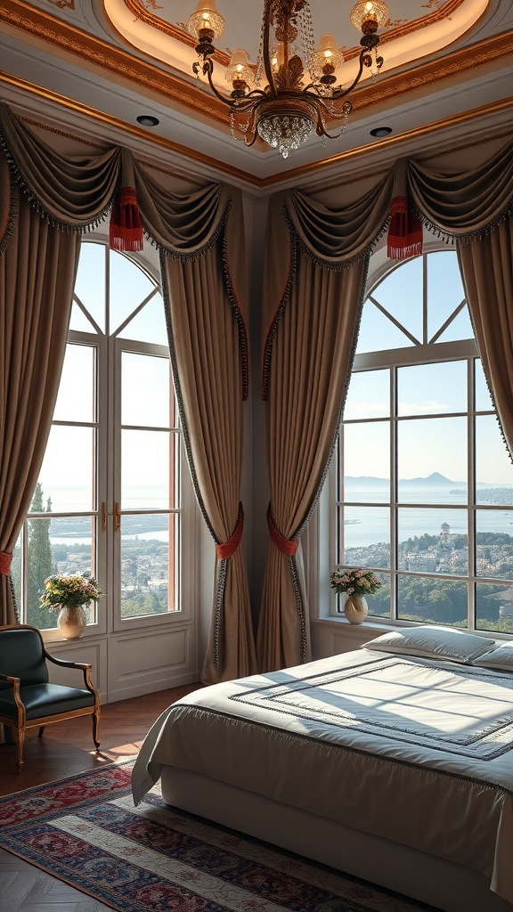 Luxurious bedroom featuring elegant window treatments, large windows with a scenic view, and intricate ceiling design.