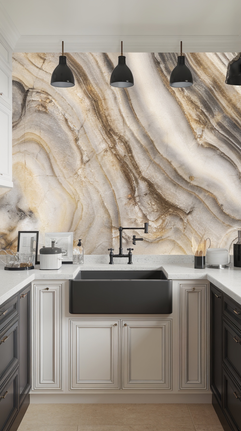 A modern kitchen with a marbleized laminate backsplash featuring swirls of gray and gold.