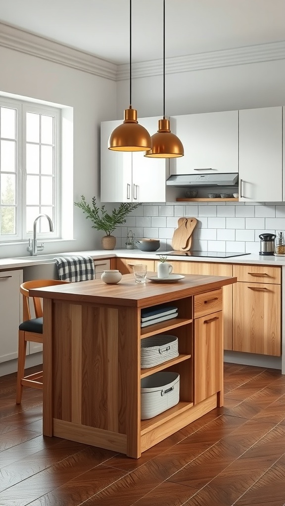A compact wooden kitchen island with seating and open shelving.