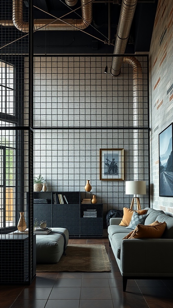 A modern living room with a metal grill partition, showcasing an industrial chic design.