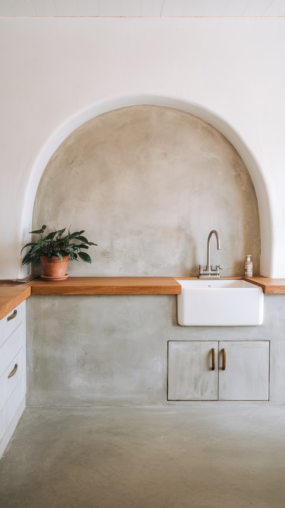 A minimalist kitchen featuring a cement backsplash and wooden countertops.