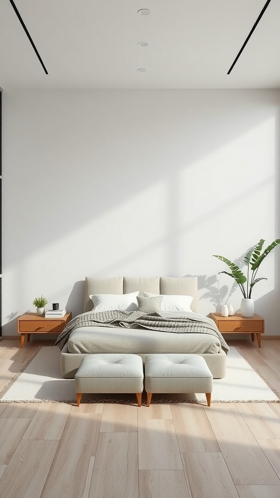 A minimalist bedroom featuring a low-profile bed, simple side tables, and poufs, accented with a potted plant.