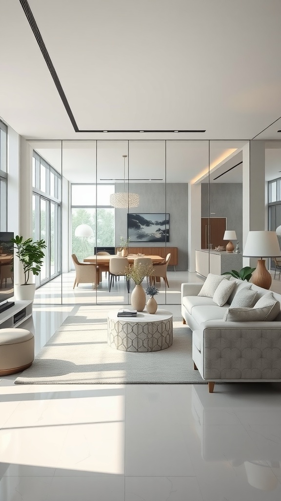 Living room with mirrored dividers separating the space from the dining area, creating an illusion of openness.
