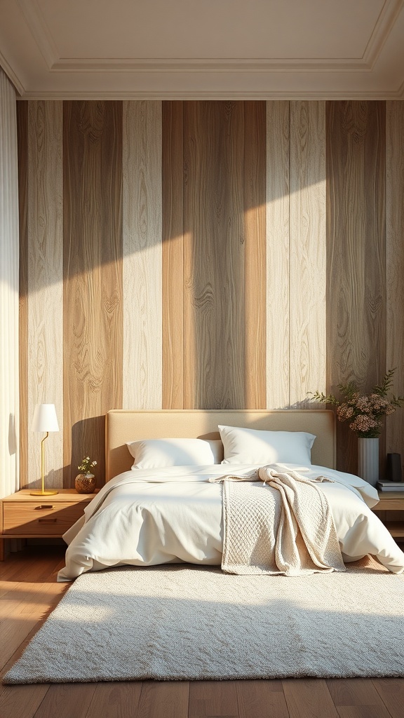 A neutral bedroom with a wooden accent wall, soft bedding, and natural light.
