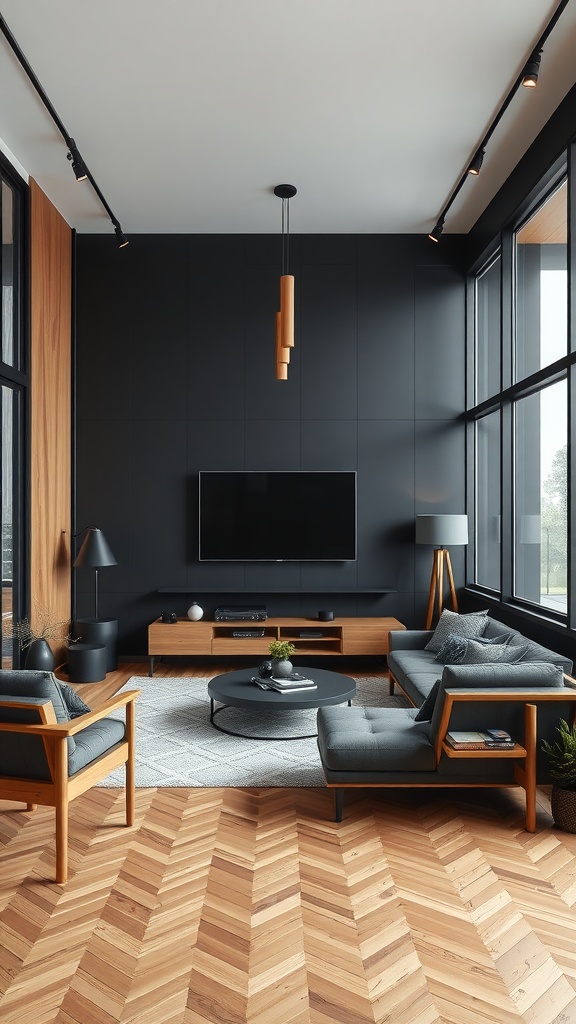 Modern living room featuring black walls and wooden furniture