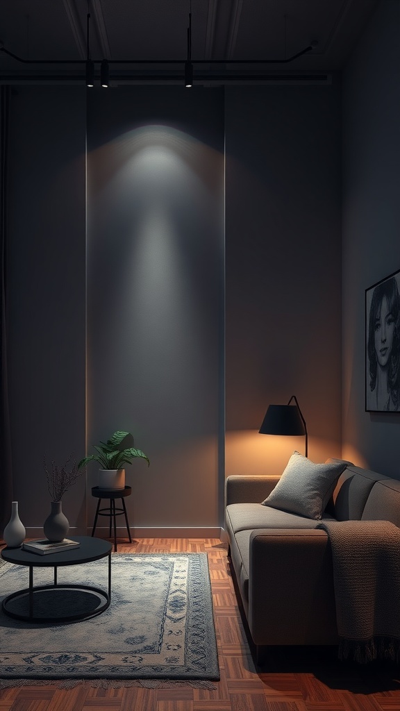 Cozy living room with soft lighting and a partition wall, featuring a couch, coffee table, and decorative plant.