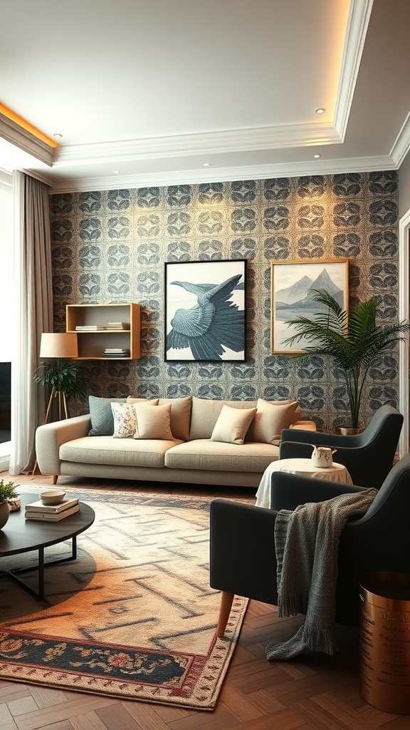 A stylish living room with a partition created by furniture, showcasing a cozy sofa and decorative elements.