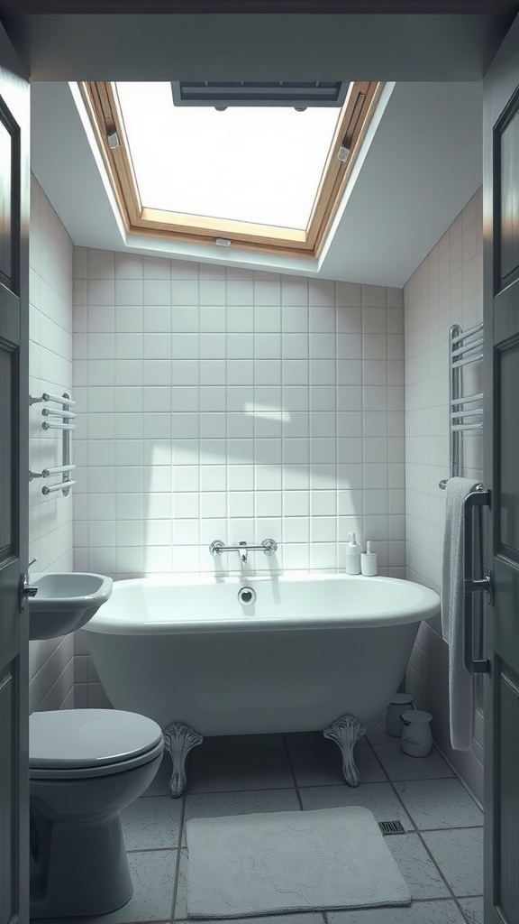 Small bathroom with a skylight and a freestanding tub